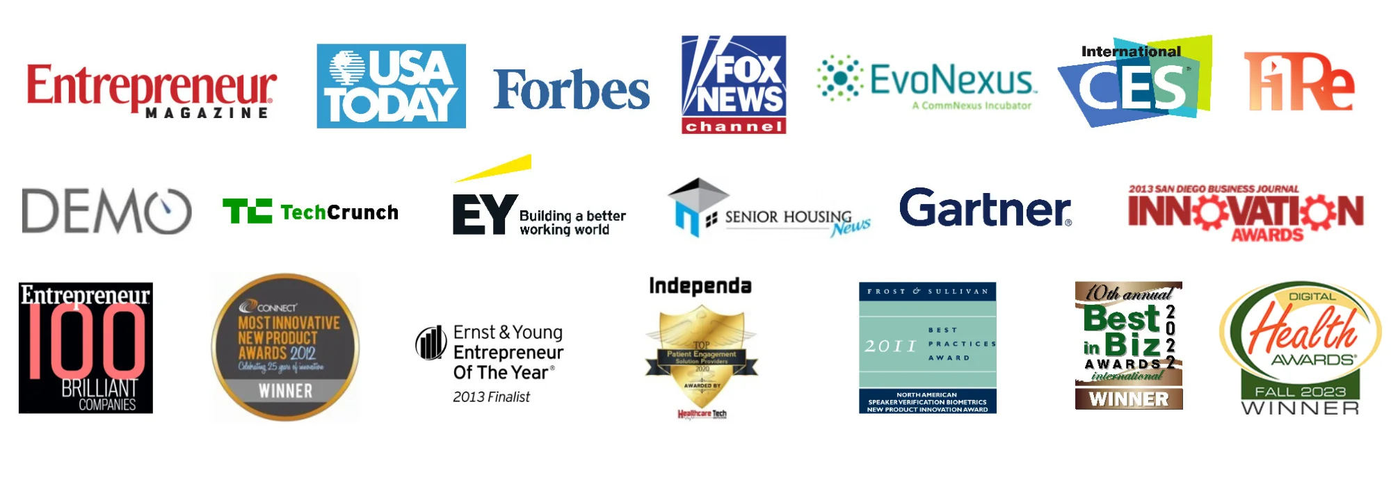 Independa press and award logos — as seen in Entrepreneur Magazine, USA Today, Forbes, Fox News, EvoNexus, CES, DEMO, TechCrunch, EY, Senior Housing News, Gartner, with awards including Entrepreneur 100, EY Entrepreneur of the Year, Best in Biz, and Digital Health Awards