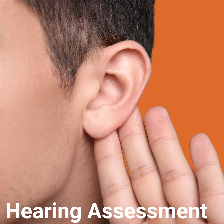 Independa Hearing Assessment feature — man cupping his ear for a hearing check