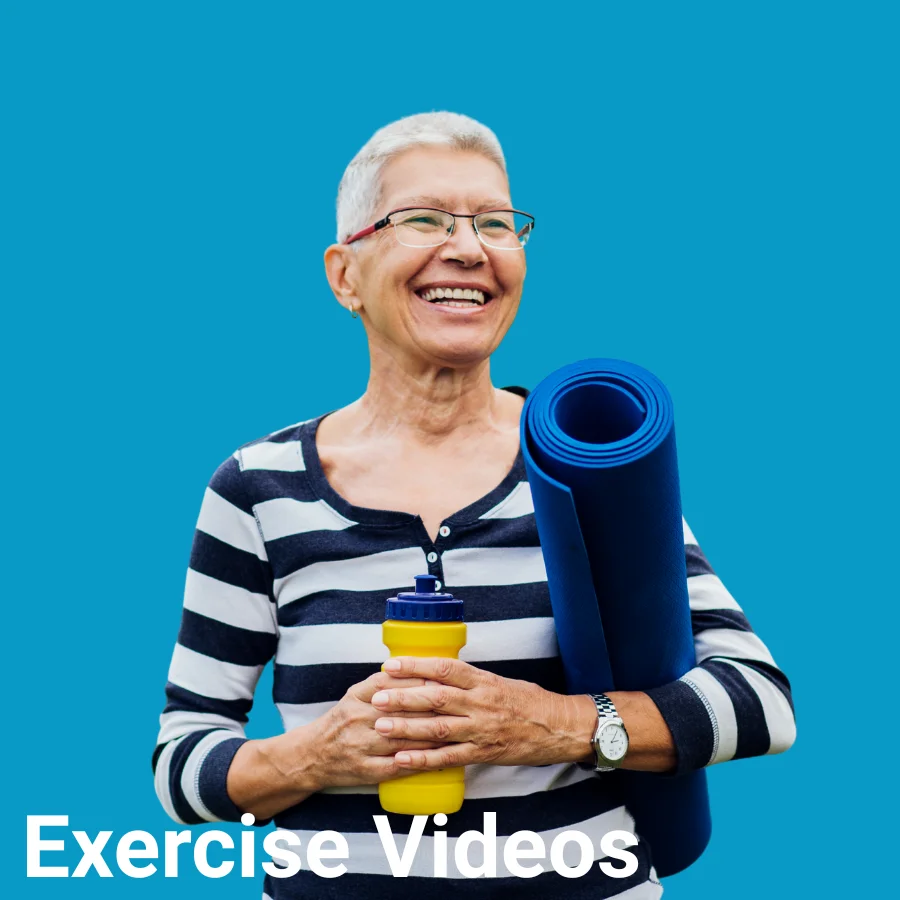 Independa Exercise Videos feature — happy senior woman holding a yoga mat and water bottle