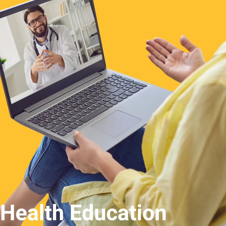 Independa Health Education feature — video call with a healthcare provider on a laptop