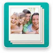 Photo Sharing icon — stacked photo frames with a smiling family on teal background